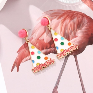 Pink pom-pom and colorful polka dot party hat enamel earrings on flamingo background card