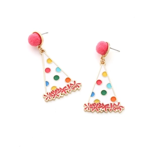 Creative enamel birthday hat drop earrings with colorful polka dots and pink pom pom