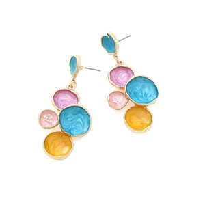 Colorful geometric drop earrings with blue, pink, and yellow enamel and faux pearls