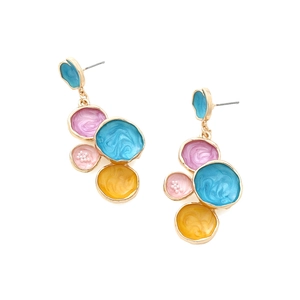 Detail of colorful enamel geometric earrings with gold alloy and pearl accents