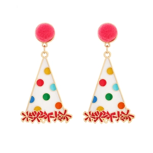 Colorful enamel party hat drop earrings with cute pink pom poms and golden metal hooks