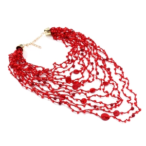 Bohemian multilayer coral red seed bead necklace with gold clasp and adjustable chain
