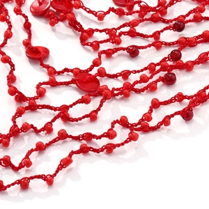 Bohemian multi-layer red coral beaded bib necklace with intricate handmade woven details