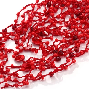 Bohemian coral red layered seed bead necklace with intricate hand-woven mesh bib design