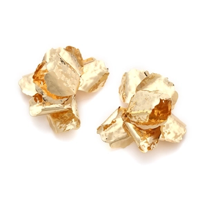 Retro golden large flower metal earrings with hammered petal design for women
