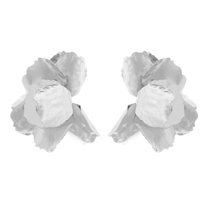 Vintage silver metallic flower earrings with 3D layered petals and hammered texture