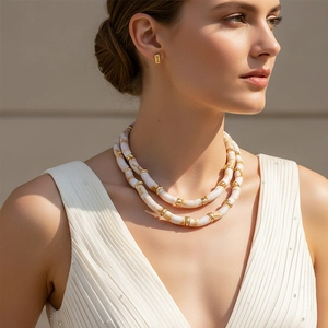 Statement Double Layered Necklace With Marble Texture Resin Tube Beads And Gold Tone Alloy Spacers For Women Fashion