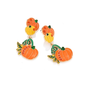 Exaggerated Halloween pumpkin dangle earrings with orange enamel and red rhinestones