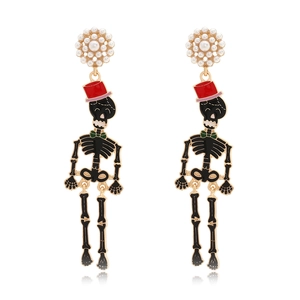 Halloween Skull Dangle Earrings Enamel Skeleton Red Magic Hat Green Bowtie Imitation Artificial Pearl Alloy Jewelry Women Gothic Party