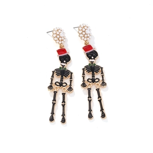 Funny Halloween skeleton drop earrings with red top hat and pearl flower studs