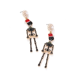 Funny Halloween skeleton earrings with red hat and pearls on gold-tone alloy base