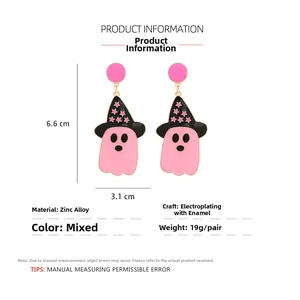 Detail view of Halloween ghost earrings with zinc alloy material and size specifications