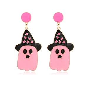 Cute Pink Ghost Dangle Earrings With Black Witch Hat Star Enamel Halloween Jewelry For Women Girls Cartoon Festive Style