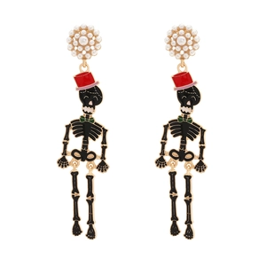 Funny Halloween skull earrings with red top hat and pearls on a clean white background