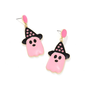 Cute pink ghost Halloween earrings with black witch hat and star detail on white background