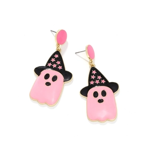Cute pink ghost earrings with star witch hats for Halloween festive jewelry gifts