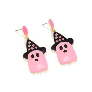 Detail shot of cute pink ghost earrings with black witch hats and star patterns