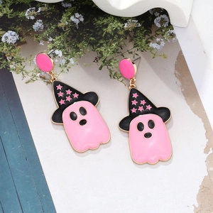 Cute Halloween ghost earrings with pink enamel finish and black witch hat on floral base