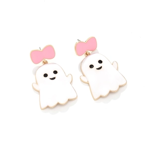 Boucles d'oreilles fantômes d'Halloween avec nœuds roses et pendentifs en émail doré