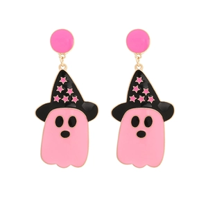 Halloween ghost earrings with pink enamel body and black witch hat with star details