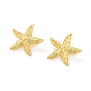 Vintage French style gold starfish stud earrings with a textured alloy finish on white background