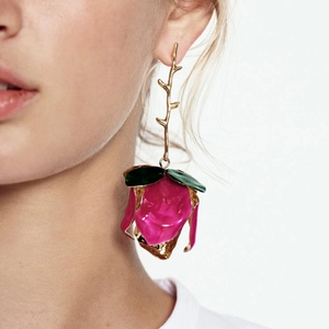 Exaggerated multi-layer pink rose flower drop earrings with golden branch and green leaves