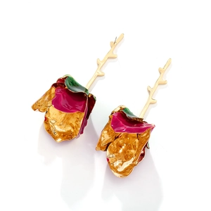 Elegant multi-layered rose flower drop earrings with golden metal and pink enamel finish