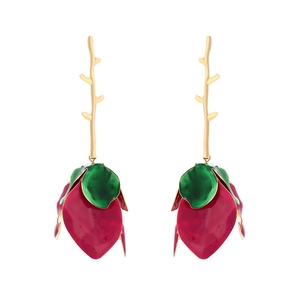 Elegant gold metal branch earrings with red enamel rosebuds in a layered floral design