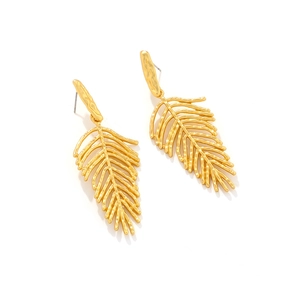 Golden palm leaf drop earrings with hammered texture finish for women in minimalist style