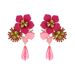 Bohemian multi-layer floral drop earrings with colorful crystals and pink teardrop pendants