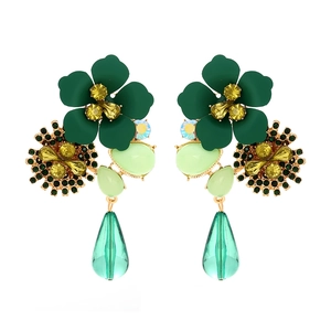Bohemian multi-layer floral drop earrings with colorful rhinestones and matte petals