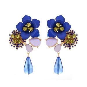 Bohemian multilayer flower drop earrings with blue petals and colorful crystals