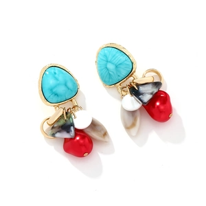 Bohemian turquoise and shell tassel earrings with vintage gold metal accents for women