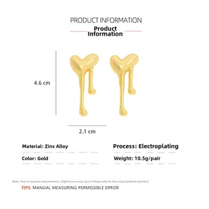 Detailed view of gold molten heart earrings with dimensions 4.6x2.1cm and plating specs