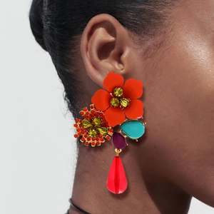 Bohemian multi-layer floral drop earrings with colorful crystals and red flower