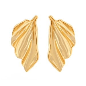 Artistic gold leaf earrings with textured irregular petals on a white background