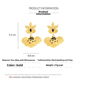 Detailed size specifications of gold floral earrings with black rhinestones and zinc alloy