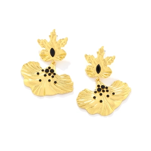 Vintage gold leaf drop earrings with black gemstones and hammered metal texture finish