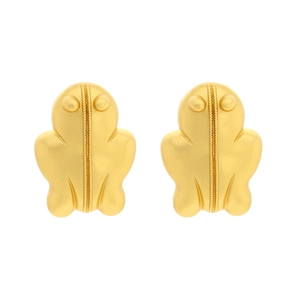 Matte gold butterfly stud earrings with textured center detail on white background