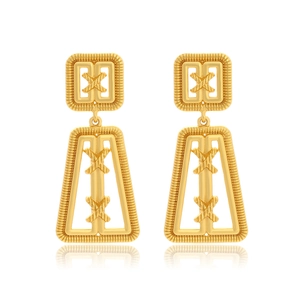 Vintage Geometric Drop Earrings Zinc Alloy Hollow Trapezoid Square X Pattern Ribbed Texture Gold Tone For Women