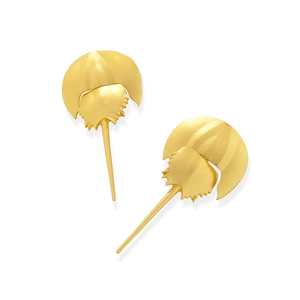 Vintage gold horseshoe crab long earrings with brushed metal texture and bionic design