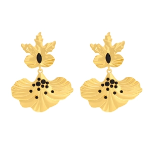 Vintage gold plated floral drop earrings with black rhinestones in a retro leaf design