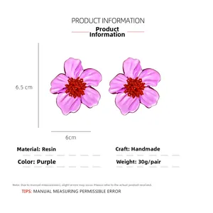 Detailed view of handmade purple resin flower earrings with size and weight measurements
