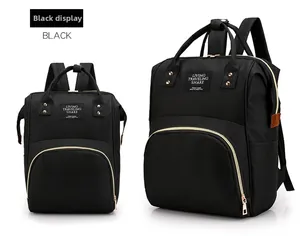 Close-up of black multifunctional backpack featuring durable nylon and gold hardware