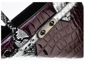 Macro shot of burgundy crocodile texture leather and snakeskin detail with metal lock