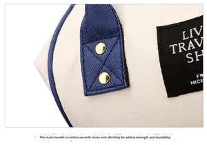 Detail showing gold rivets and cross-stitching on navy blue canvas handles of a tote bag