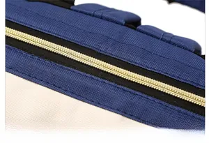 Detail of high-quality golden metal zipper on a blue quilted nylon and canvas backpack