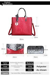 Three-piece red crocodile pattern tote bag set with dimensions and capacity details