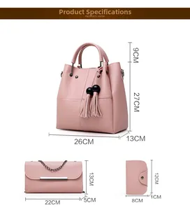 Detailed size chart for pink three-piece handbag set including tote and chain bag