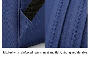 Detail view of heavy-duty stitching and high-density oxford fabric on a navy blue backpack